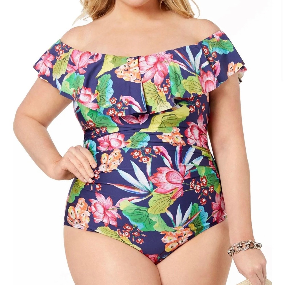 La Blanca Women's Bora Bora Navy Blue Off the Shoulder One Piece Swimsuit 14